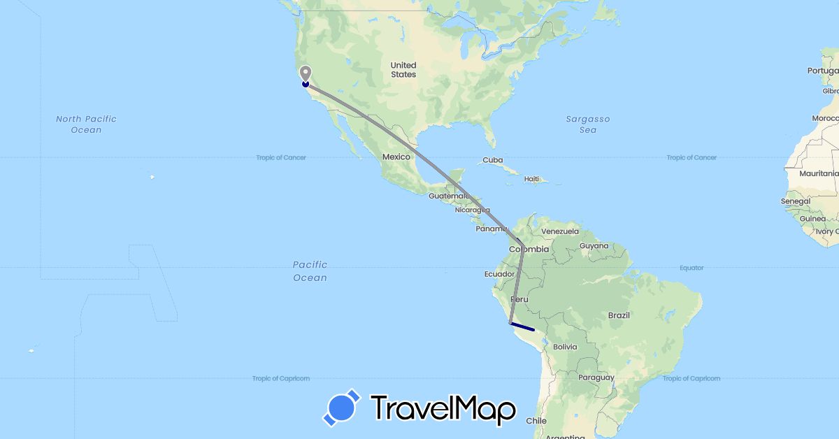 TravelMap itinerary: driving, plane in Colombia, Peru, United States (North America, South America)